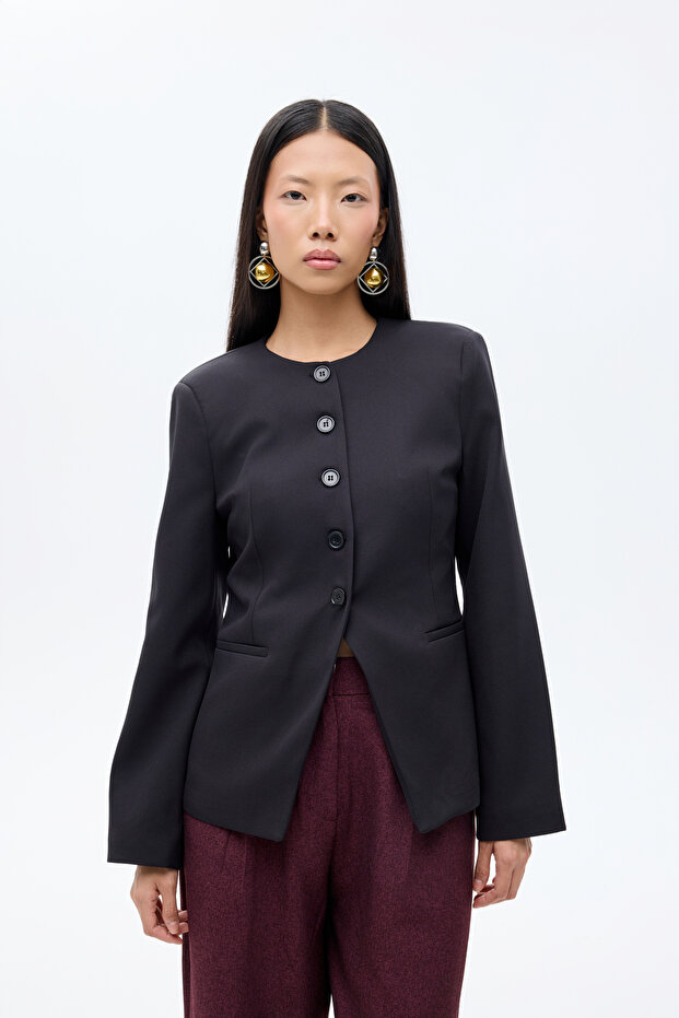 Round Neck Buttoned Blazer Jacket Black - 1