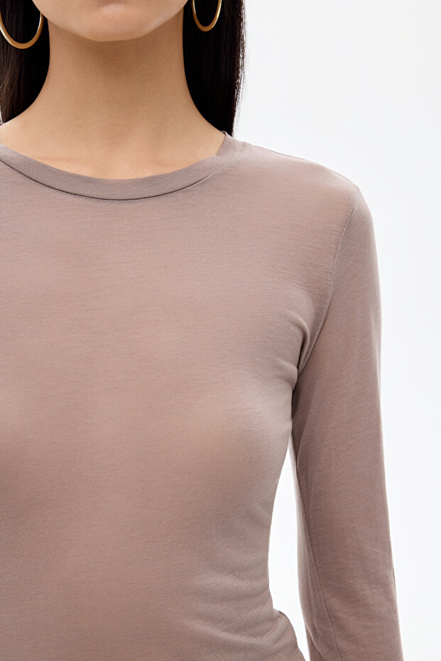 Bisiklet Yaka Basic Bluz Vizon - 4