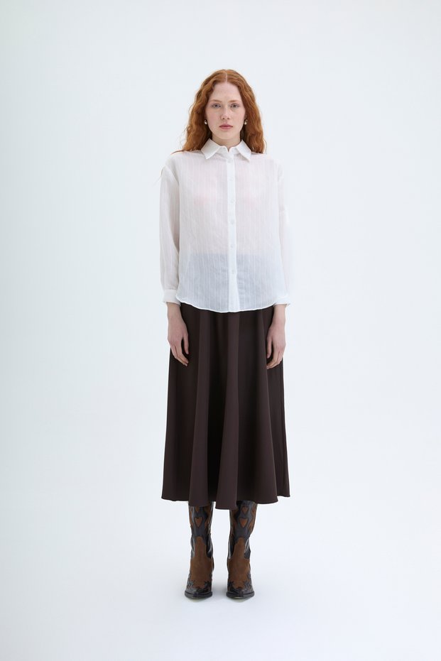 Ecru Color Thin Striped Oversize Shirt - Buttoned