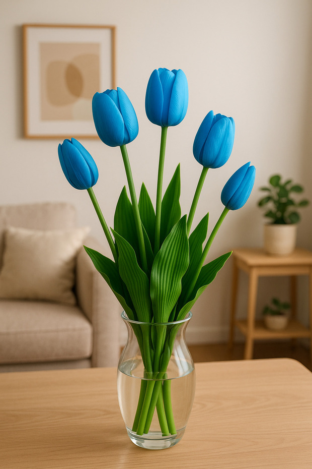 Yapay Çiçek Islak Mavi Lale Islak Dokulu Kaliteli 45 Cm. 5 Dallı. ( 3 Çiçek 2 Tomurcuk) - 1