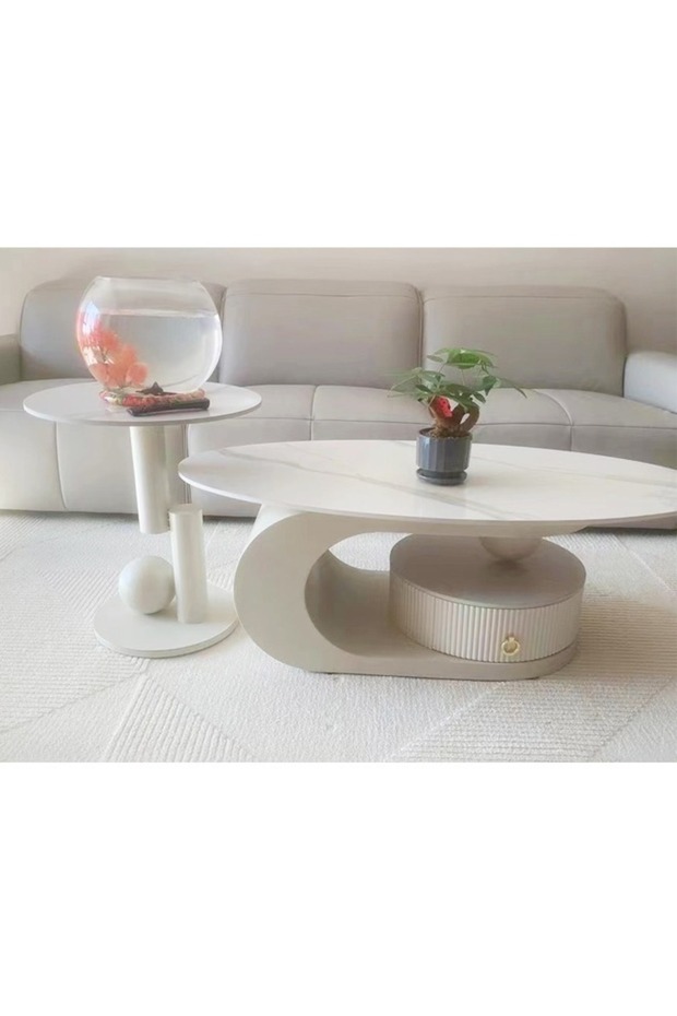 Set of 2 Multipurpose Nesting Coffee Table Floor Standing Crescent Shape Coffee Table Centre Tables - 3