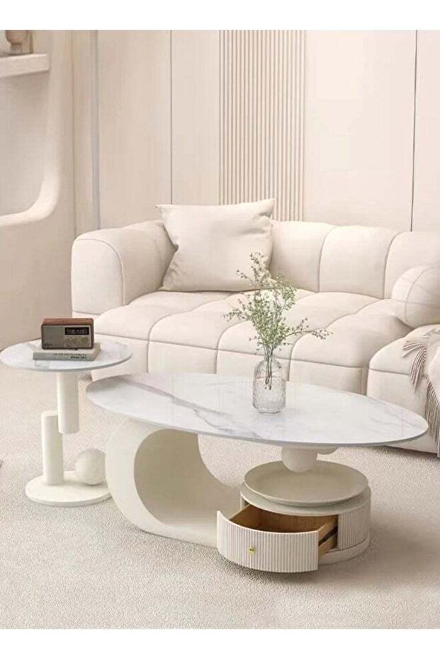 Set of 2 Multipurpose Nesting Coffee Table Floor Standing Crescent Shape Coffee Table Centre Tables - 1