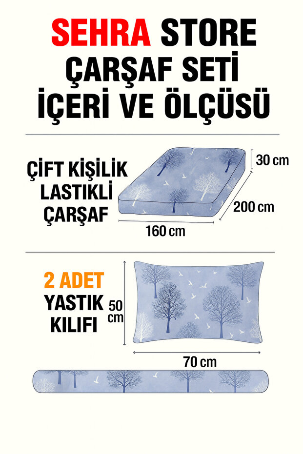 Double Cotton Fitted Sheet + 2 Pillowcases Bedding Set Durable Patterned Set - 6