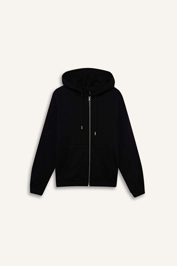 Basic Hooded Relax Fit Sweatshirt - Pocket, Plain Zipper C1809Ax23Wn