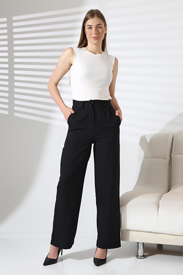 Black Crepe Fabric Palazzo Pants with Buttons and Pockets - 4