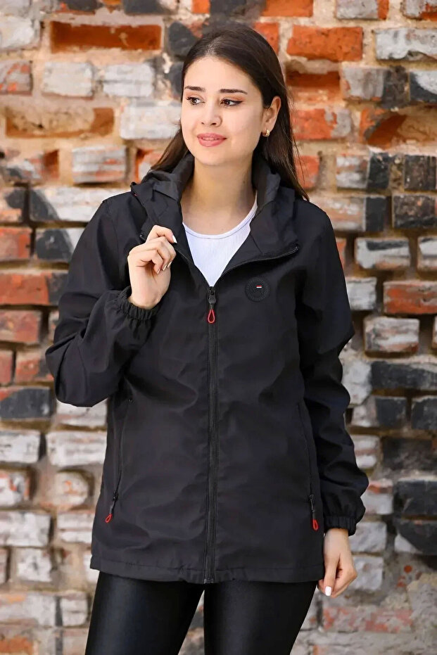 Women's Black Lined Windproof Hooded Pocket Raincoat