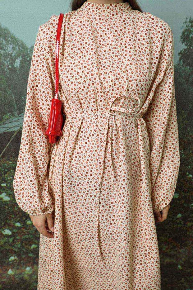 Çiçek Desenli Müslin Elbise Kırmızı - 2