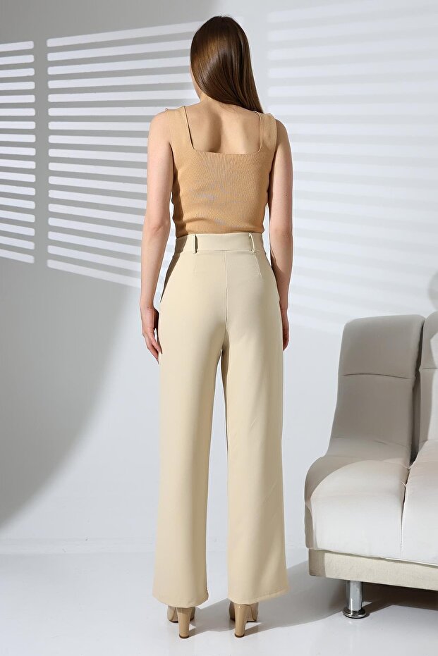 Cream Double Fabric Palazzo Trousers with Buttons and Pockets - 8