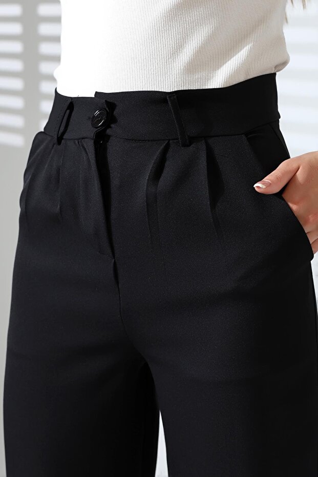 Black Crepe Fabric Palazzo Pants with Buttons and Pockets - 6