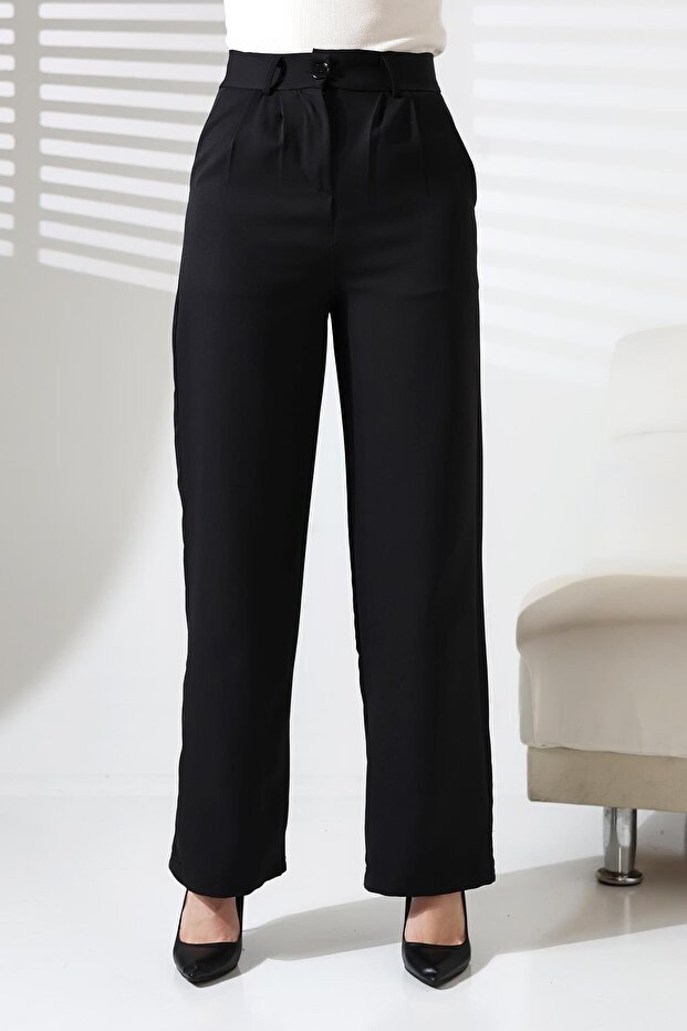 Black Crepe Fabric Palazzo Pants with Buttons and Pockets - 1