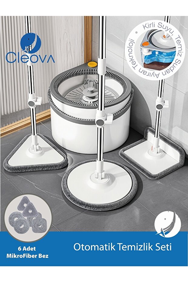 cleova Yeni Tasarım Otomatik 360° Döner Mop ve Temizlik Seti, 3 Başlıklı Paspas Mop