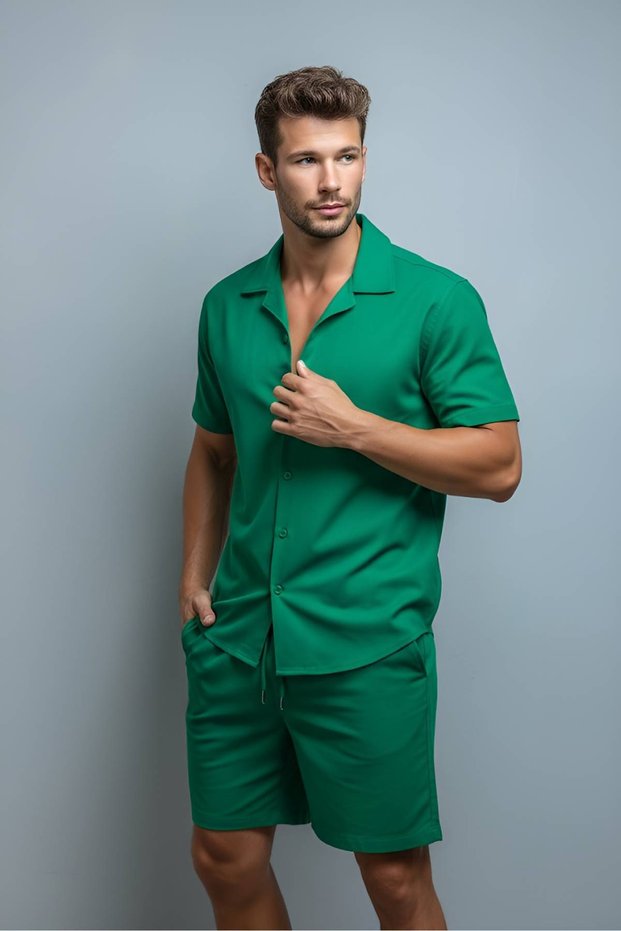 Keten Men's Short Sleeve Slim Fit Shirt Collar Green Cotton Shirt and Pipe Leg Shorts Bottom Top Set