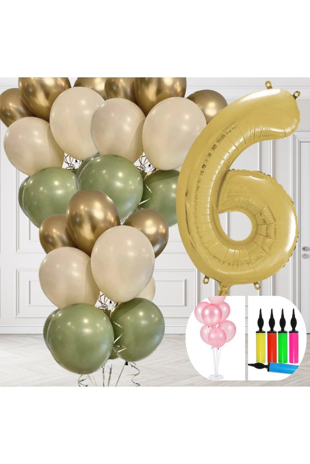 6 Year Old Balloon Set with Stand and Pump, Retro Mold Green, Chrome Gold, Sand Beige Balloon Set, Gold Number Decoration