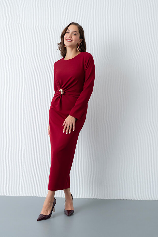 Kadın Bordo Aksesuar Detaylı Davet Elbisesi - 4