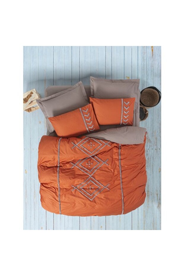 Puff Embroidered Double Duvet Cover Set Liya Brick-Beige