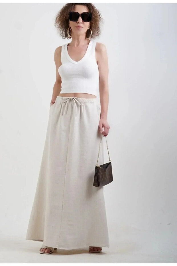 Cream Elastic Waist Maxi Linen Skirt - 4069