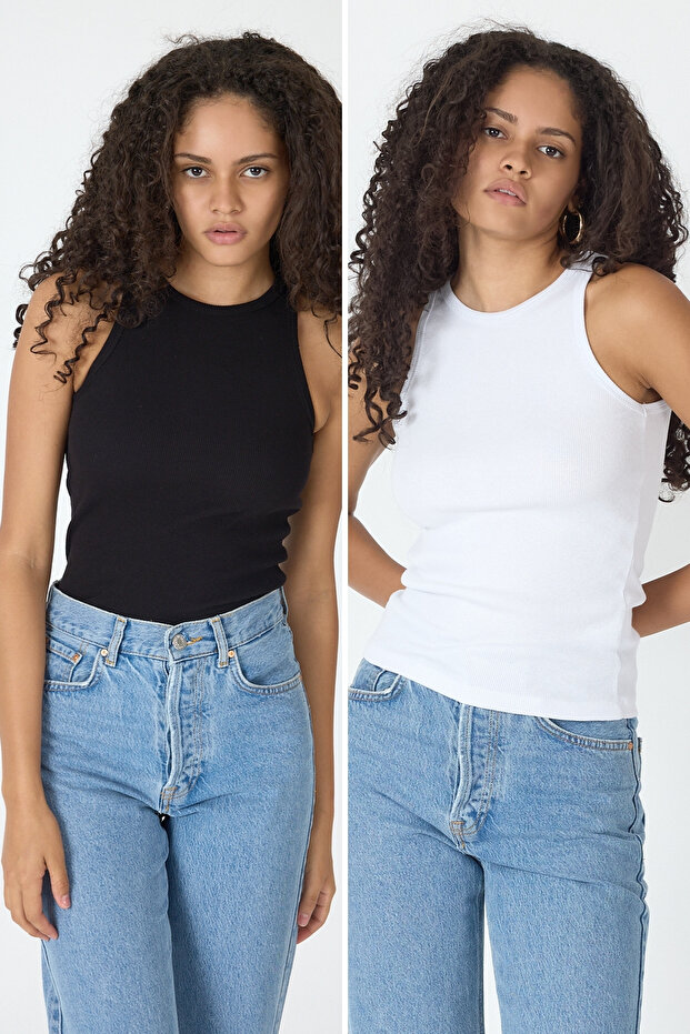 Ribbed Regular Fit Normal Fit Black-White Crew Neck Zero Sleeve Cotton 2-Piece Women's Tank Top