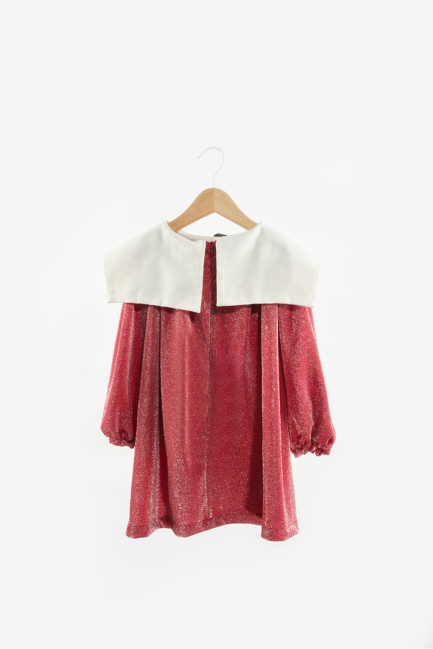 Kırmızı  Uzun Kollu Yaka Detaylı Simli Kız Çocuk Elbise - Maya - 2