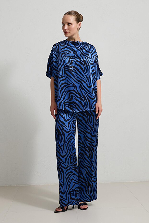 Black-Saks Patterned Blouse and Pants Set - 2