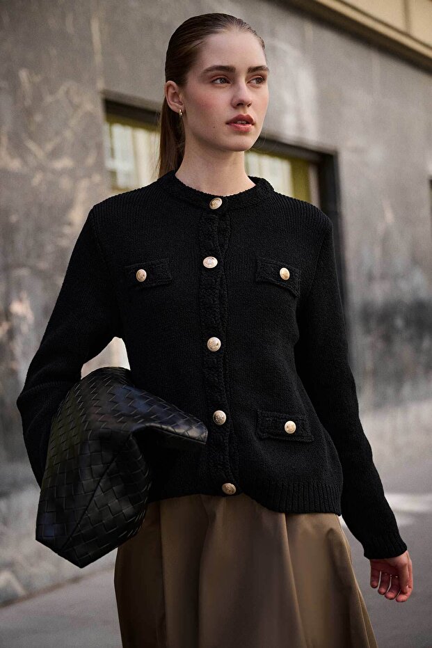 Black Cardigan with Boucle Texture