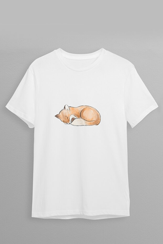 Design Sleeping Fox Front Print Oversize Cotton Crew Neck Unisex T-Shirt