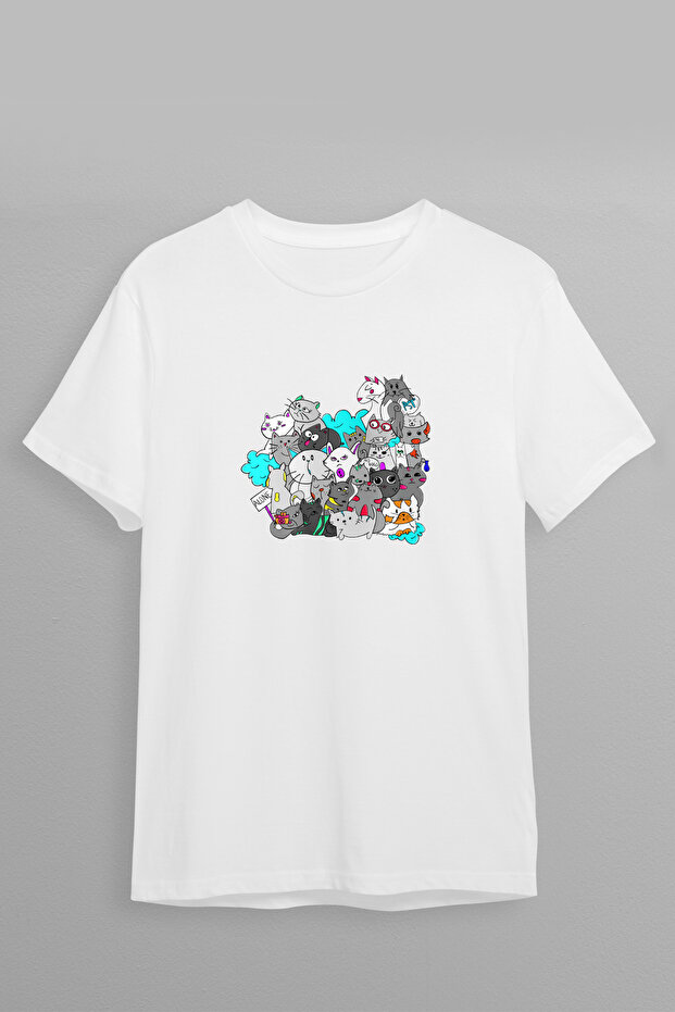 Design Vector Cats Front Print Oversize Cotton Crew Neck Unisex T-Shirt