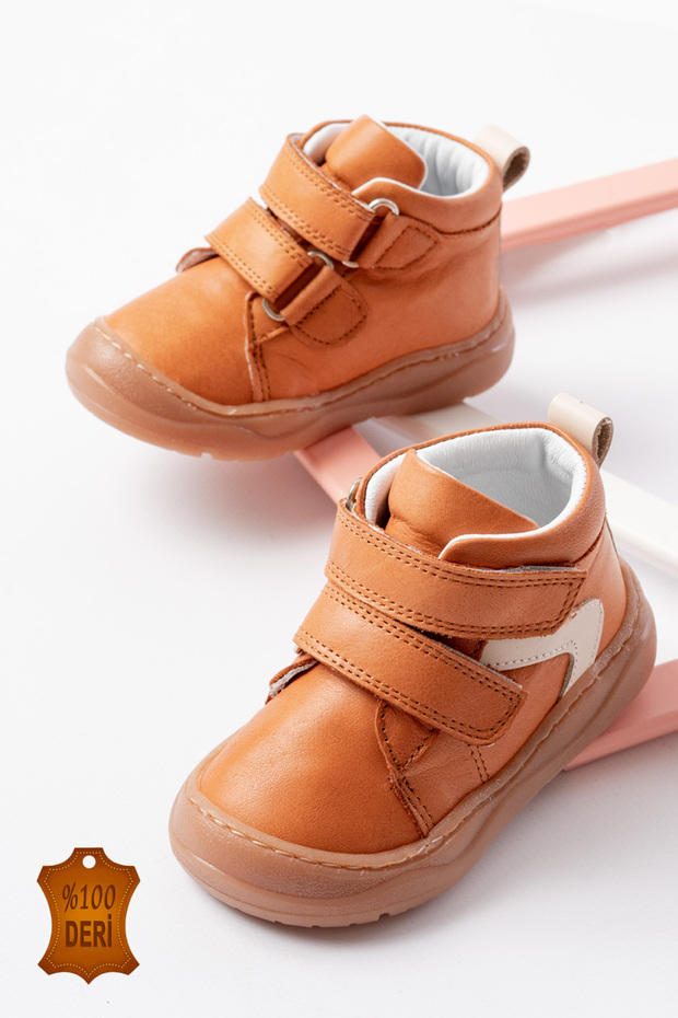 Tan Genuine Leather Orthopedic Velcro Baby First Step Shoes - Wide Fit