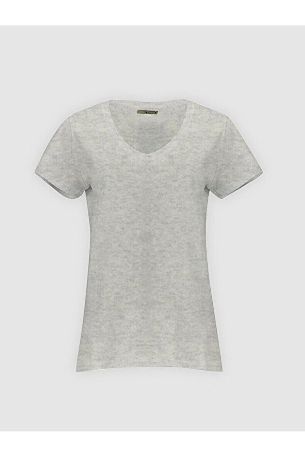 V Yaka Basıc Kısa Kol Regular Gri T-shırt - 2