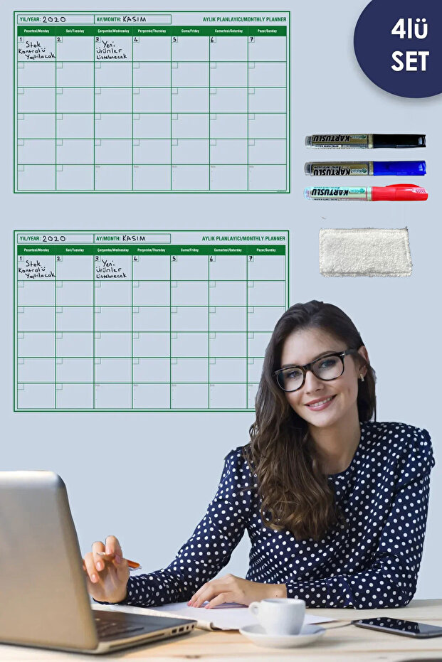 2 Monthly Planner Calendar Whiteboards - 3 Whiteboard Markers - 1 Felt Eraser