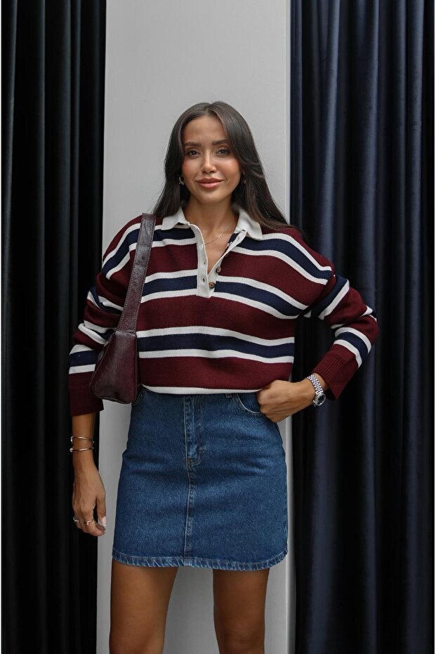 Burgundy Cream Striped Polo Neck Sweater