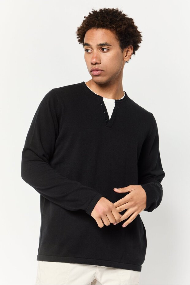 سترة رجالية سادة برقبة دائرية، أسود - 1