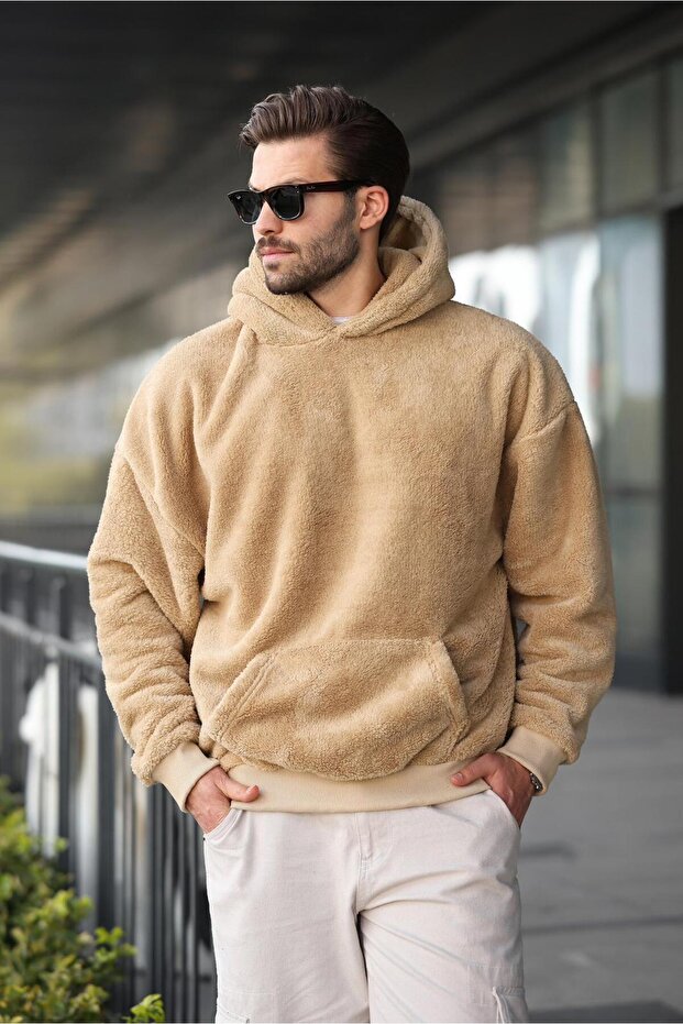 Beige Plush Hooded Men's Sweatshirt 6050