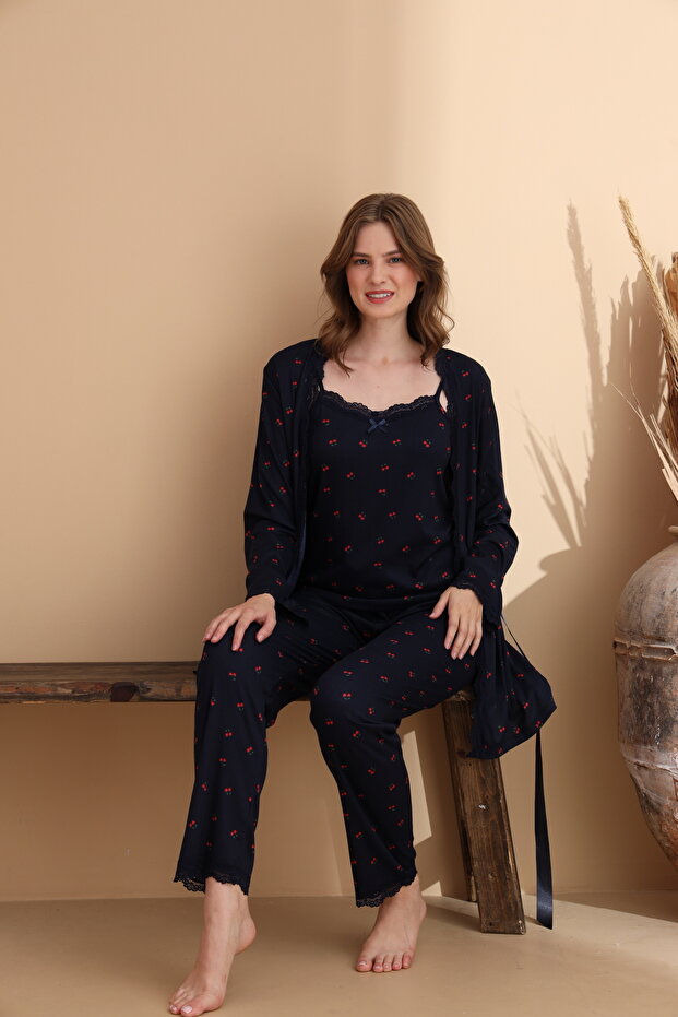 Cherry Pattern Cares Knitted Lycra Long Sleeve Women's 3-Piece Dressing Gown Pajama Set - 3