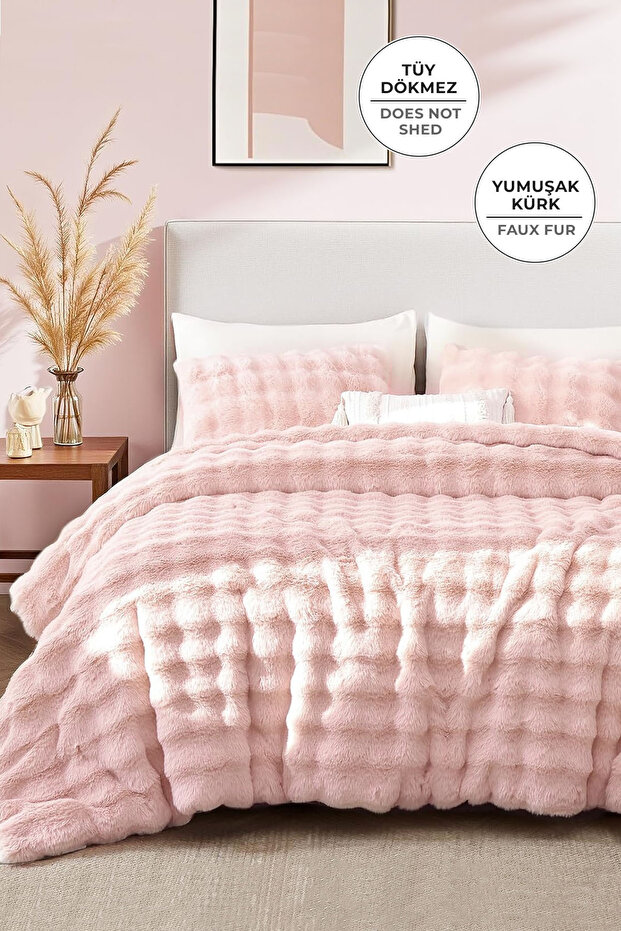 Fur Bedspread Single Padded Plush Soft Quilt Rabbit Hair 2 Pieces Lory Powder