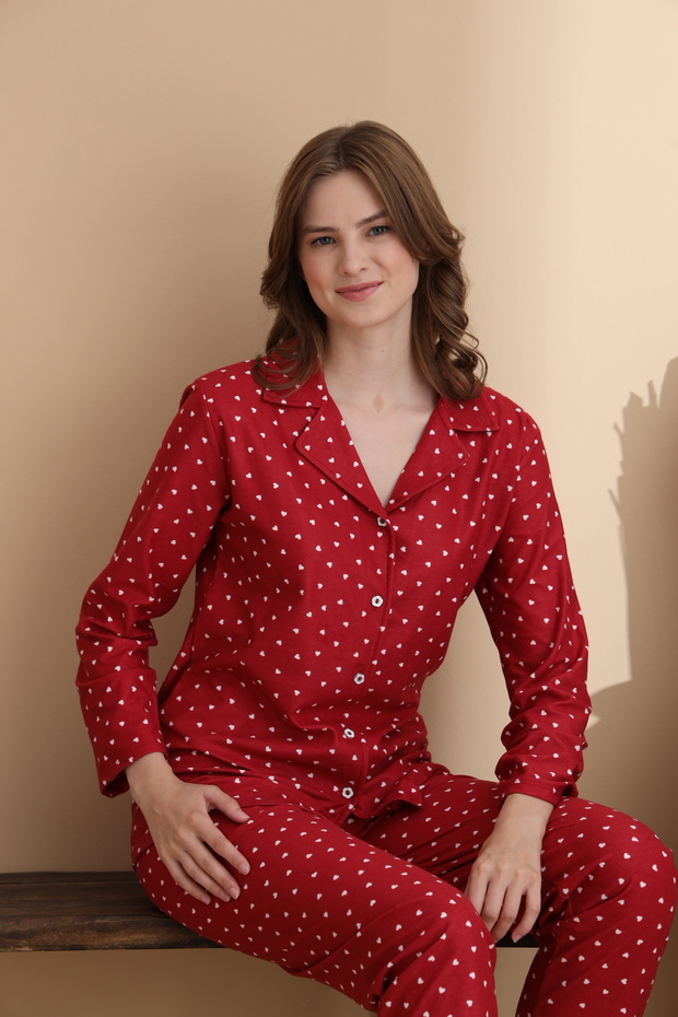 Heart Pattern Suede Knitted Long Sleeve Women's Buttoned Pajama Set