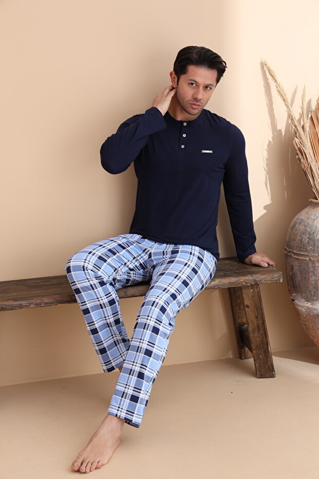 Lacivert Ekose Desen Düğmeli Uzun Kol Erkek Pijama Takımı - 2
