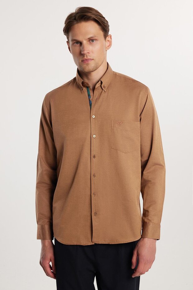 Men's Regular Fit Classic Cut Cotton Oxford Texture Brown Button Lapel Shirt