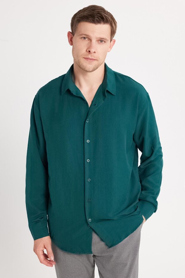Oversize Seasonal Linen Textured Loose Fit Long Sleeve Comfortable Use Men's Green Shirt