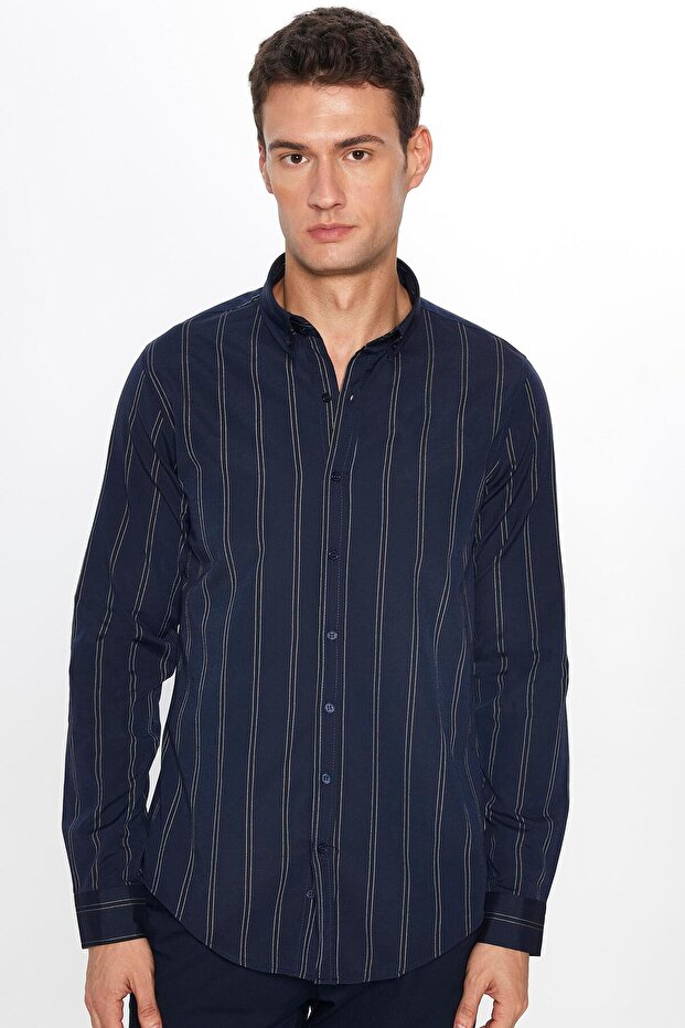Erkek Slım Fıt Dar Kesim Uzun Kollu Pamuklu Kolay Ütü Çizgili Lacivert Düğmeli Yaka Gömlek - 2