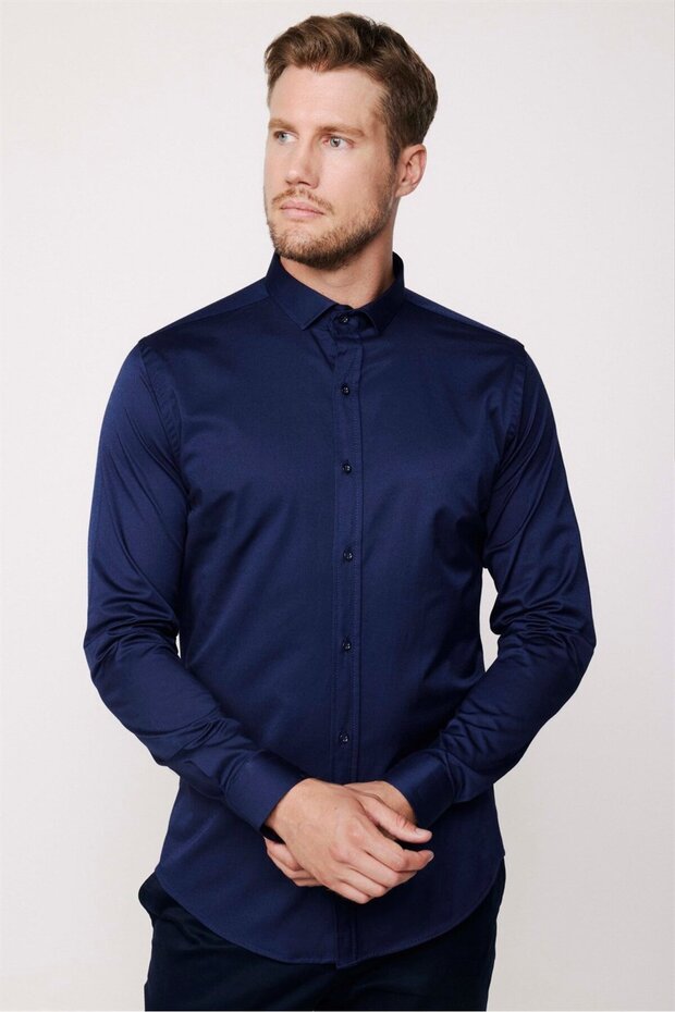 Slim Fit Long Sleeve Lycra Plain Cotton Satin Men's Navy Blue Shirt