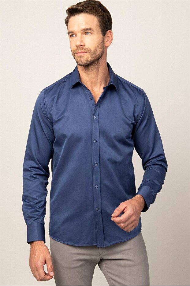 Men's Modern Slim Fit Plain Satin Cotton Navy Blue Shirt