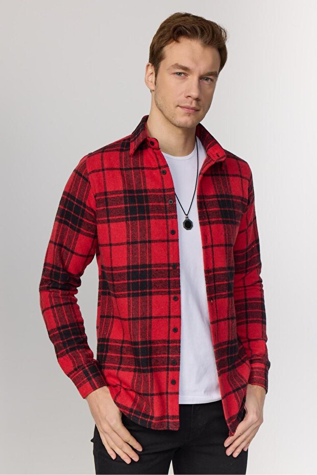 Men's Slim Fit Slim Fit Long Sleeve Checked Winter Lumberjack Shirt