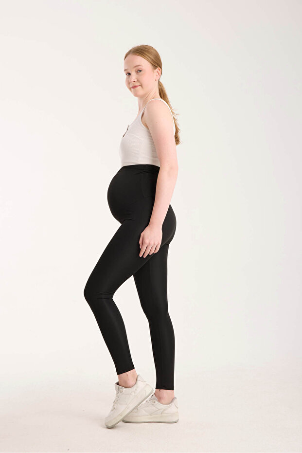 Állítható magas derekú fekete összehúzó kismama leggings - 4