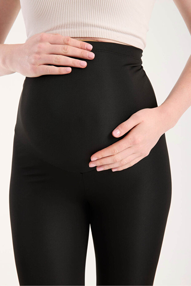 Állítható magas derekú fekete összehúzó kismama leggings - 2