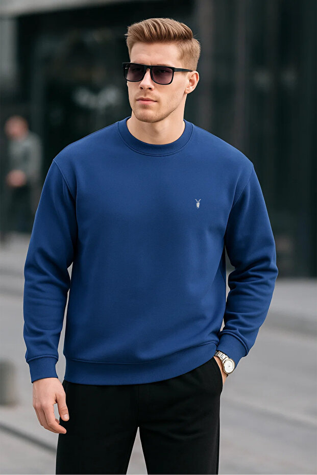 İndigo Renk Basic Bisiklet Yaka Relaxed Regular Erkek Sweatshirt - 1