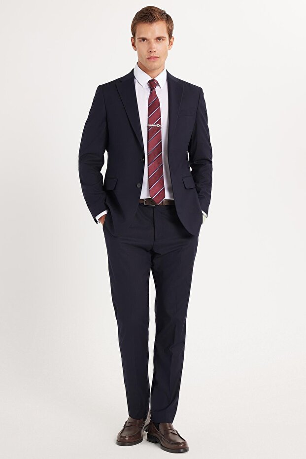 Men's Slim Fit Mono Collar Lycra Flexible Fabric Navy Blue Suit