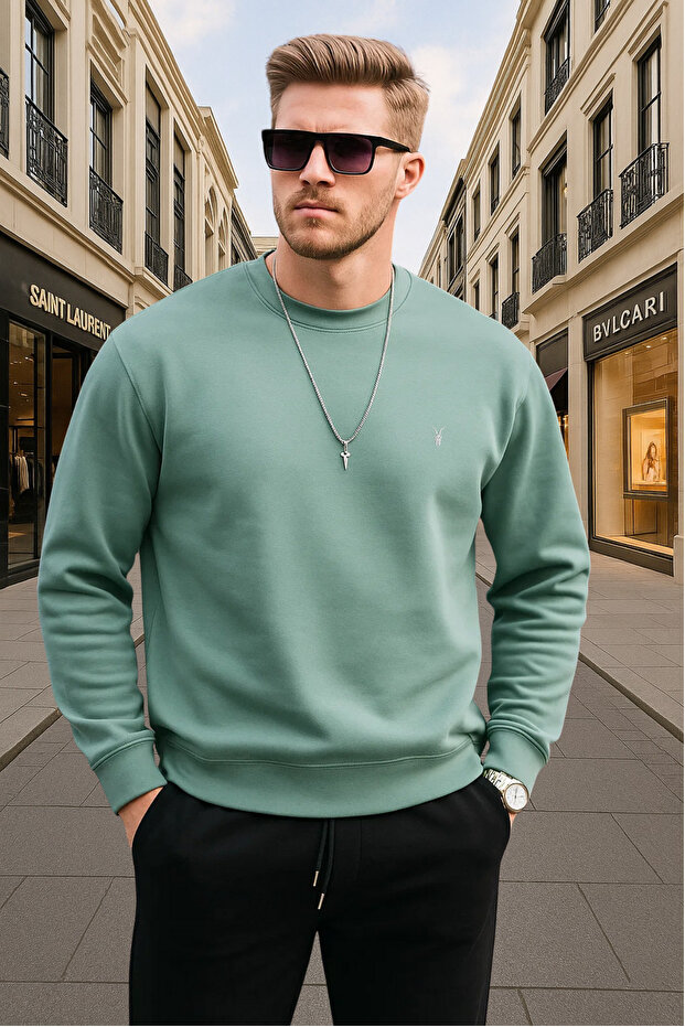 Çağla Renk Basic Bisiklet Yaka Relaxed Regular Erkek Sweatshirt - 6