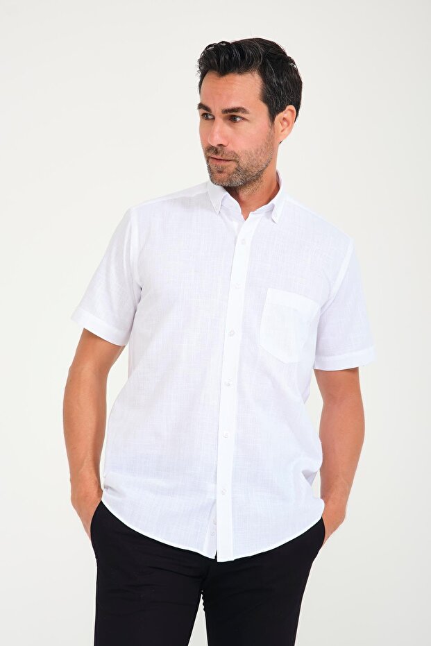 Classic Short Sleeve Linen Flax Collar Button Gift Boxed Men's Shirt Fs-001202 - White Navy