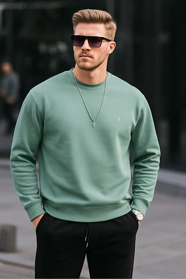 Çağla Renk Basic Bisiklet Yaka Relaxed Regular Erkek Sweatshirt - 1