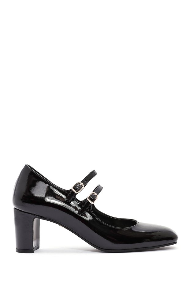 Women's Black Double Buckle Thick Heeled Patent Leather Mary Jane Shoes 24Wfd162416